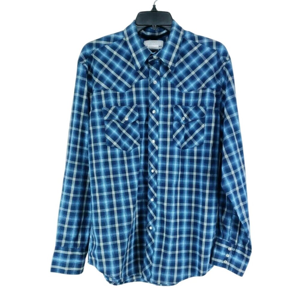 Wrangler Wrancher Men's Size Large Pearl Snap Western Shirt Blue Plaid